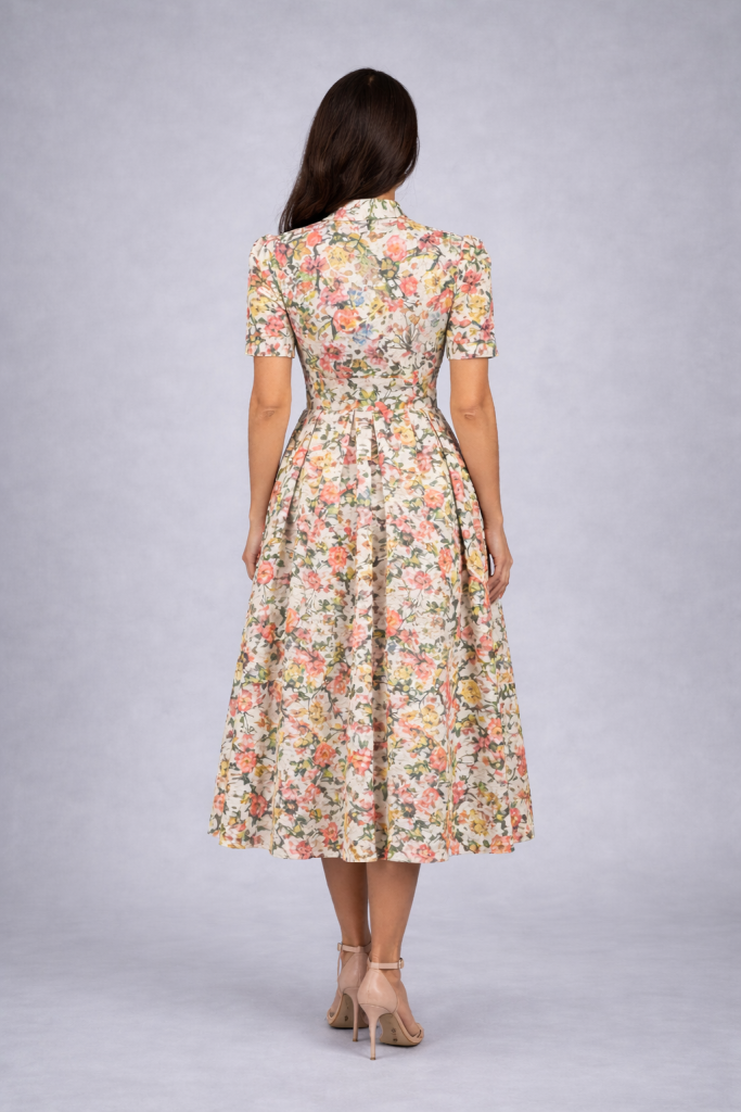 Floral lace midi dress with front buttons, belt and pleated skirt