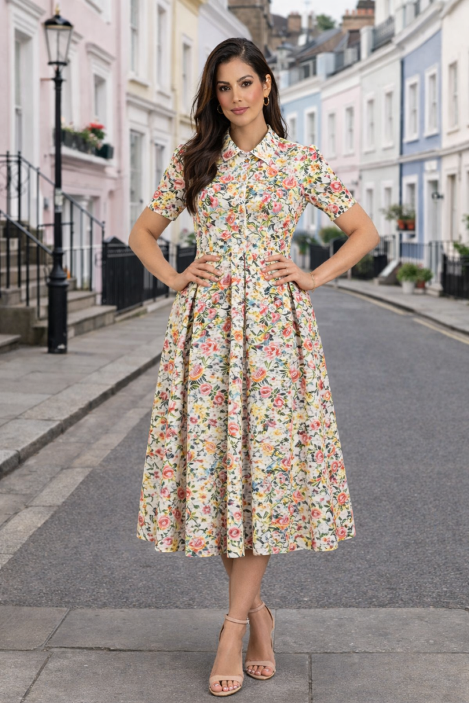 loral Print Midi Dress with front buttons, belt and pleated skirt
