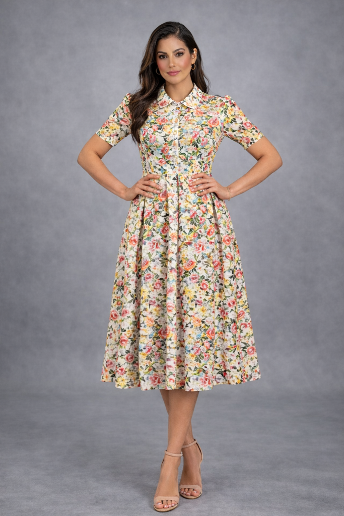 Floral Print Midi Dress with front buttons, belt and pleated skirt