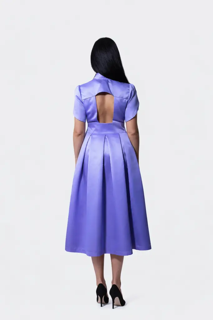 Lavender open back midi dress with detachable jabot by BIBI SAKALIEVA