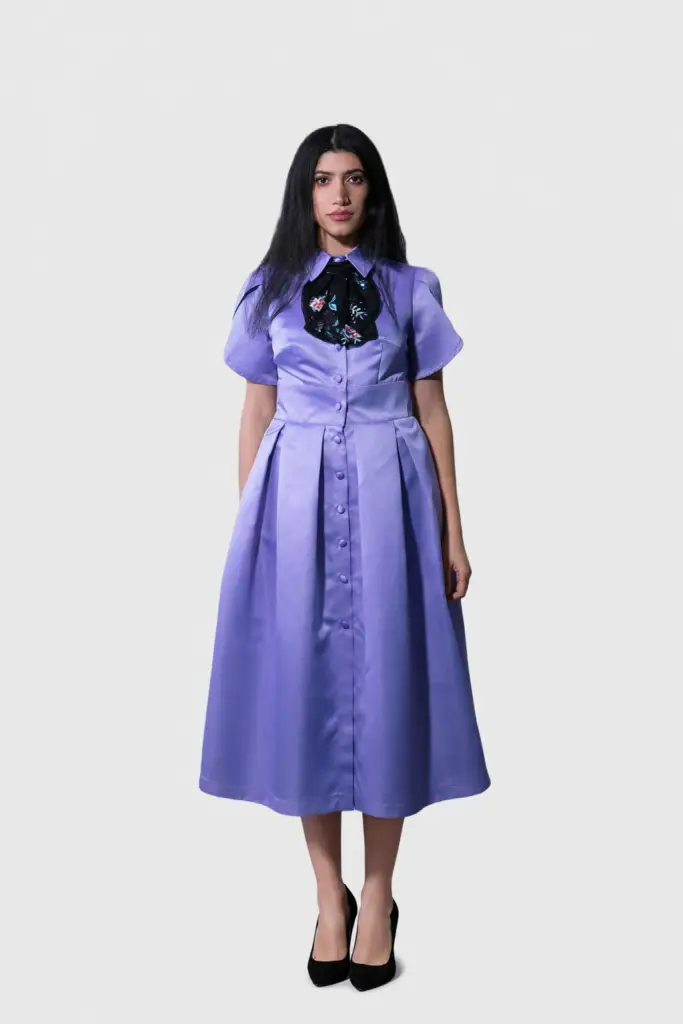 Lavender open back midi dress with detachable jabot by BIBI SAKALIEVA