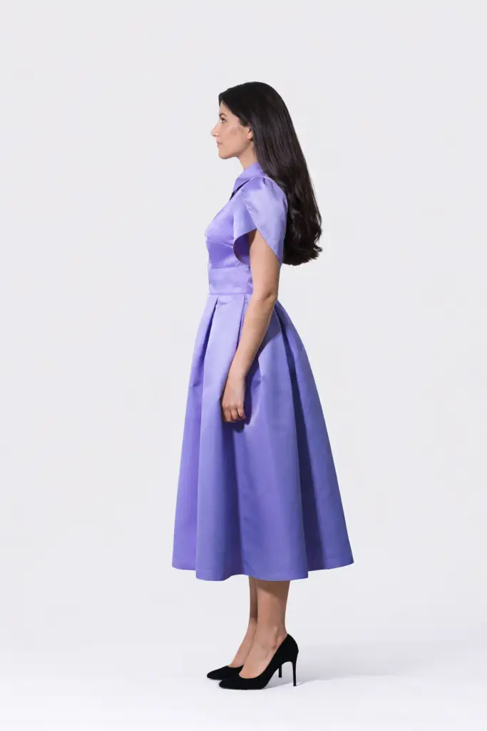 Lavender open back midi dress with detachable jabot by BIBI SAKALIEVA
