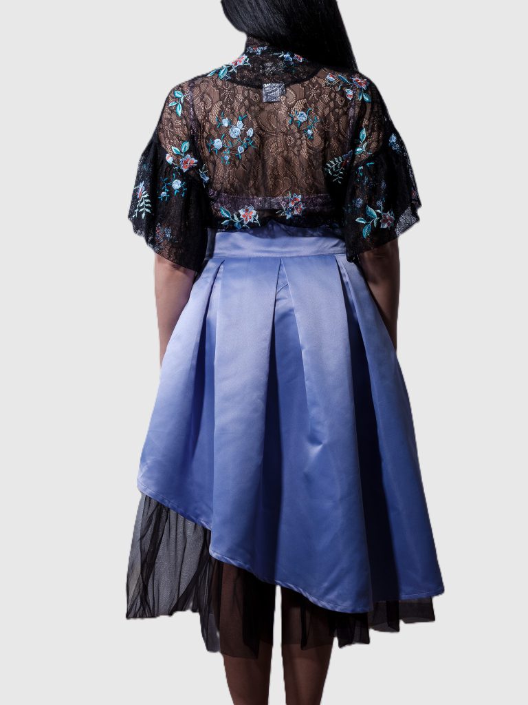 Lavender asymmetrical satin taffeta skirt with black tulle by BIBI SAKALIEVA