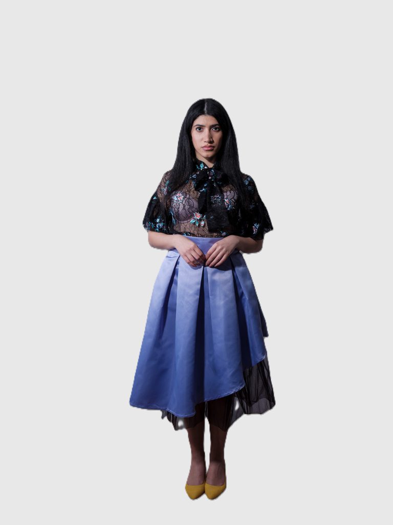 Lavender asymmetrical satin taffeta skirt with black tulle by BIBI SAKALIEVA