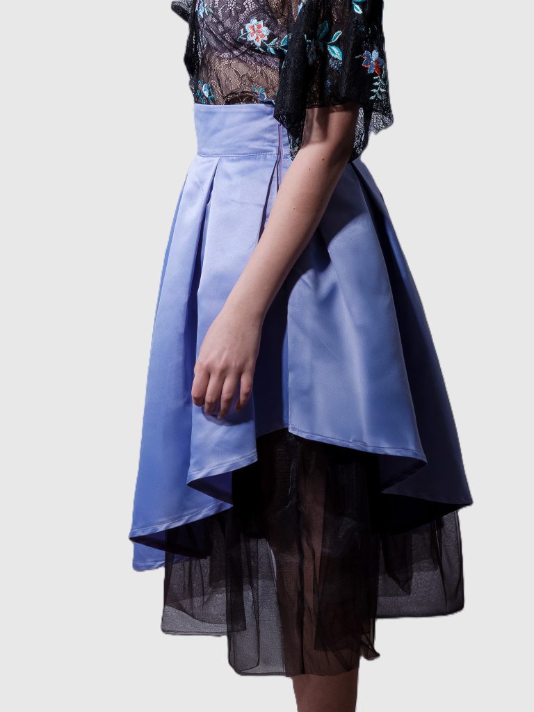 Lavender asymmetrical satin taffeta skirt with black tulle by BIBI SAKALIEVA