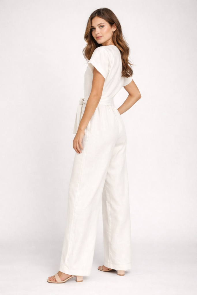 Elegant off-white wide-leg jumpsuit with short sleeves, front zip, and matching waist tie