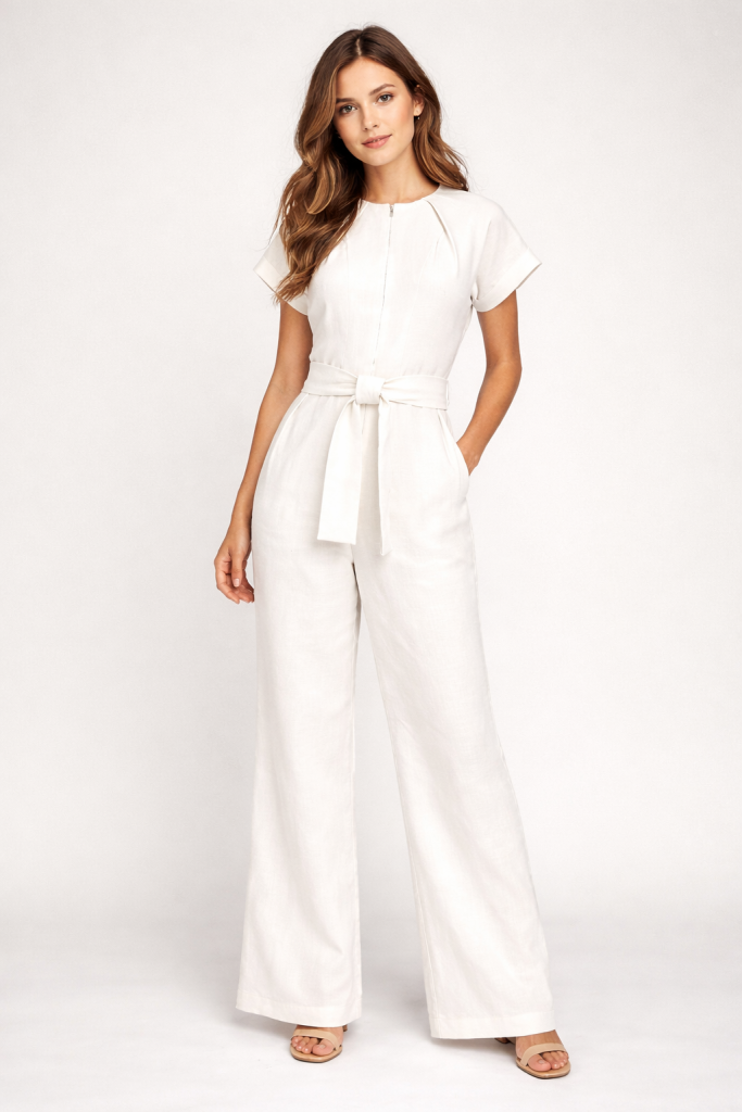 Elegant off-white wide-leg jumpsuit with short sleeves, front zip, and matching waist tie
