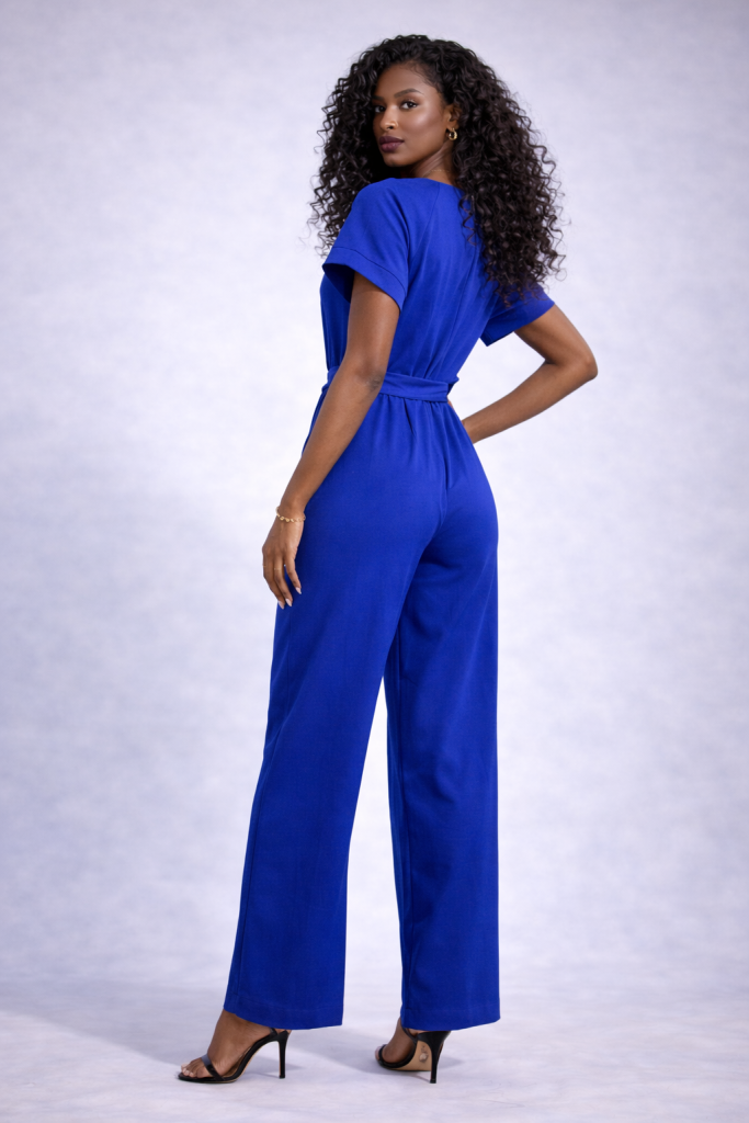 Royal blue wide-leg jumpsuit for women with short sleeves, waist tie and fluid silhouette by BIBI SAKALIEVA