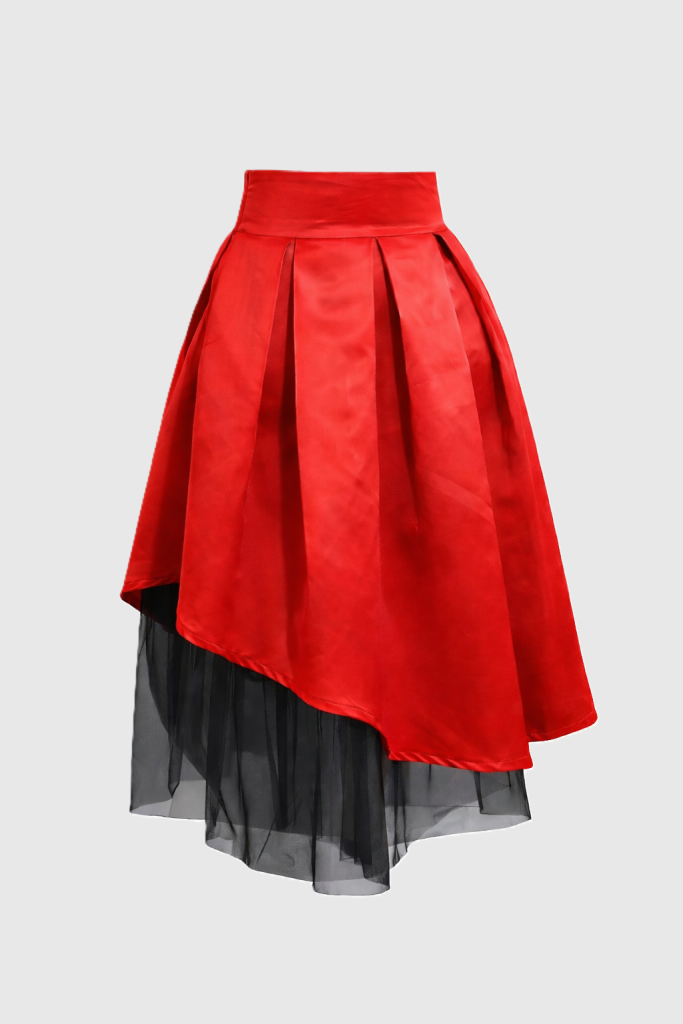 Red pleated midi skirt with asymmetric satin hem and soft black tulle underlayer