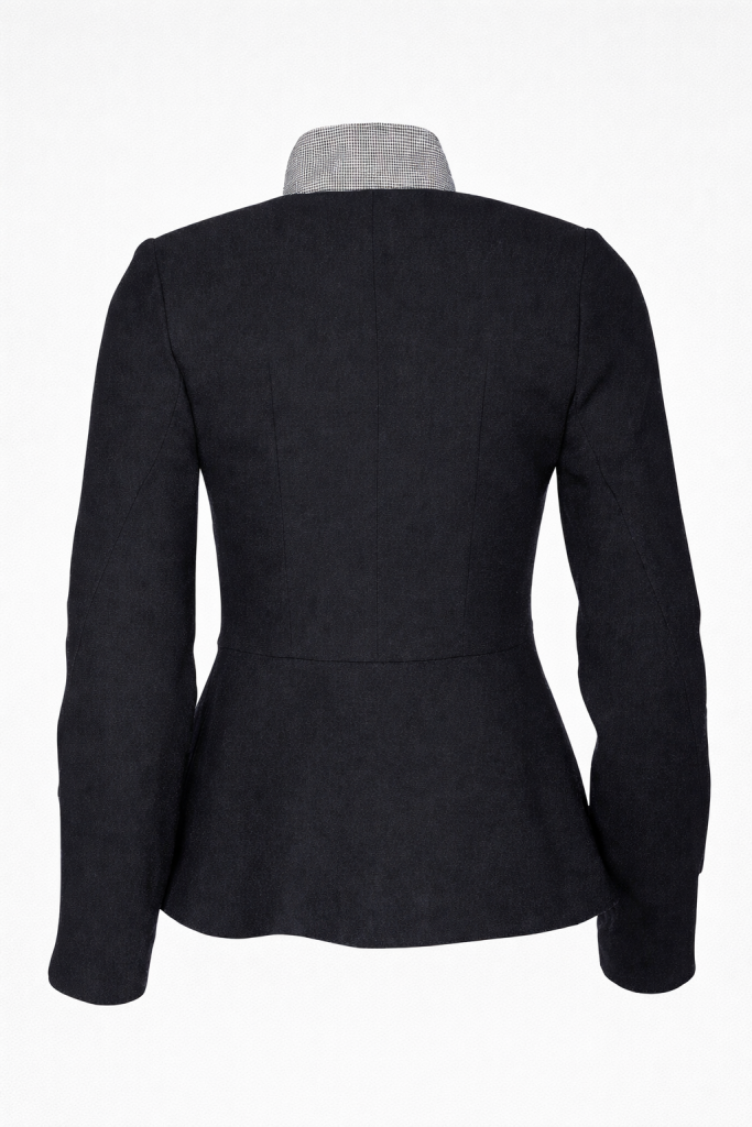 Wool military style jacket for women with peplum hem, contrast micro-check front panel and stand collar by BIBI SAKALIEVA