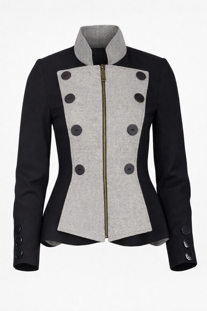 Wool military style jacket for women with peplum hem, contrast micro-check front panel and stand collar by BIBI SAKALIEVA