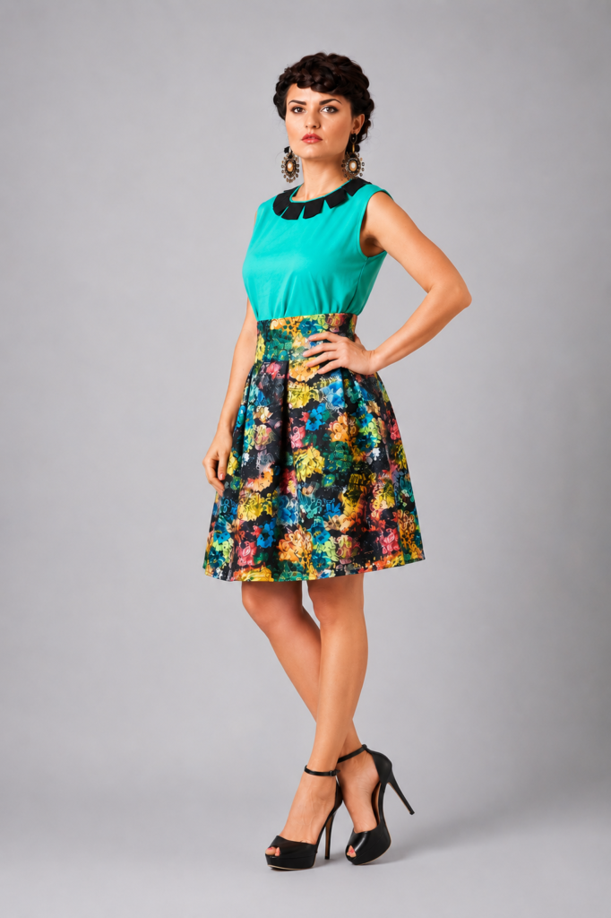 Woman wearing floral lace mini skirt with wide waistband and pleated silhouette by BIBI SAKALIEVA.