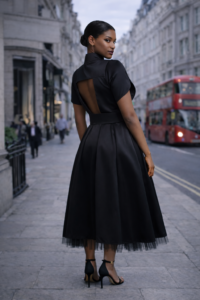 Black open back midi satin dress close