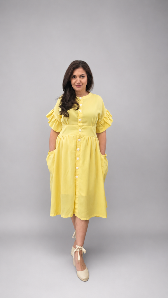 Yellow summer midi dress with pockets for women front view