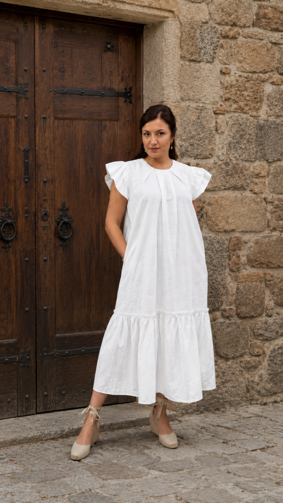 Woman wearing white linen A-line maxi dress with pockets