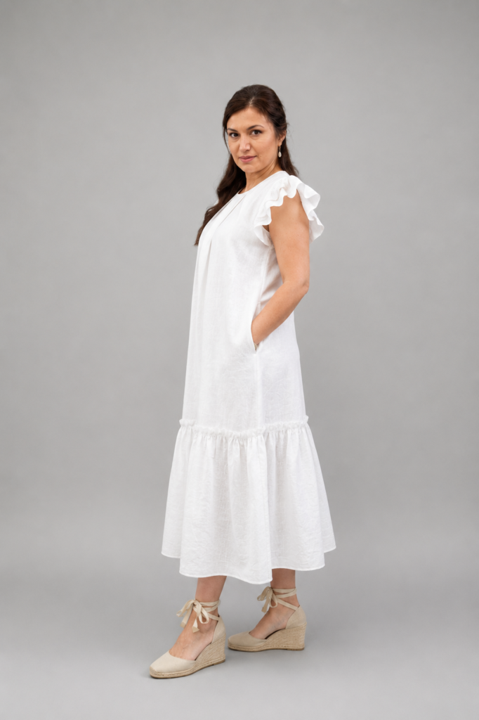 White linen maxi dress A-line with pockets side