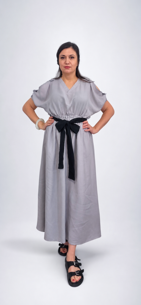 Violet Mist Maxi Dress in smoky grey linen by Bibi Sakalieva