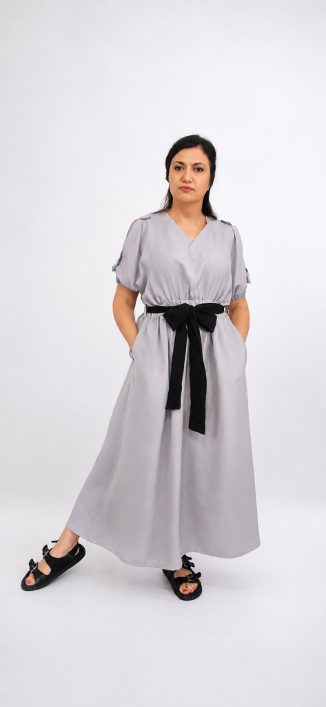 Violet Mist Maxi Dress in smoky grey linen by Bibi Sakalieva