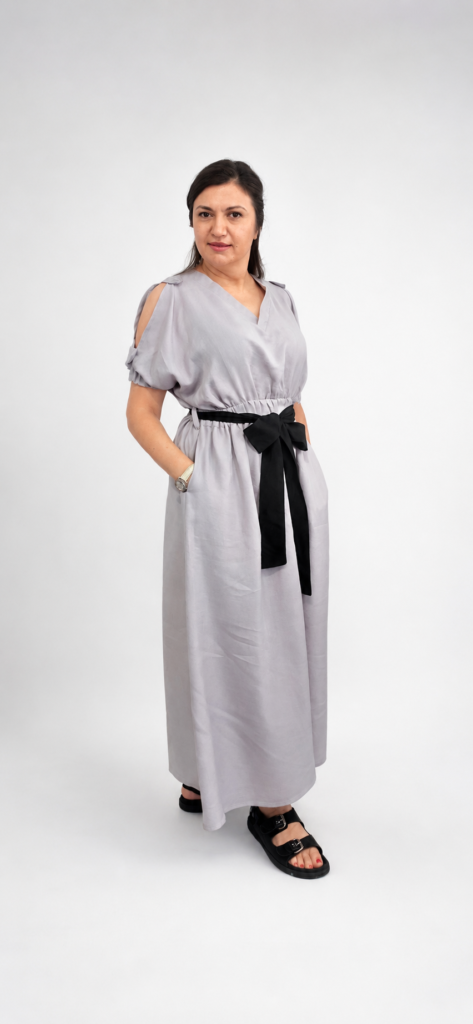 Violet Mist Maxi Dress in smoky grey linen by Bibi Sakalieva