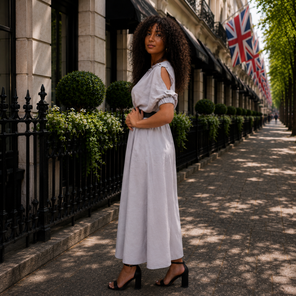 Violet Mist Maxi Dress in smoky grey linen by Bibi Sakalieva
