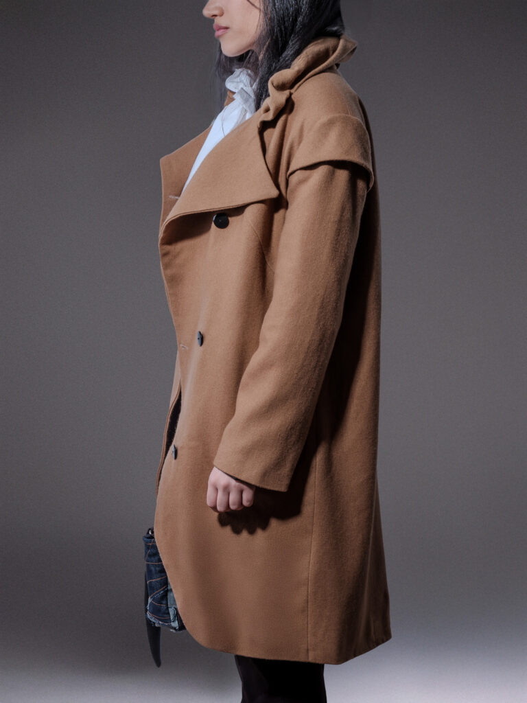 Camel Asymmetrical Wool Coat with Sculptural Collar