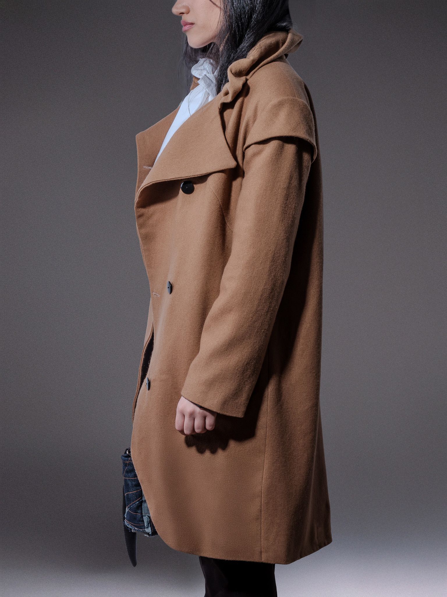 Camel Asymmetrical Wool Coat with Sculptural Collar - Image 3