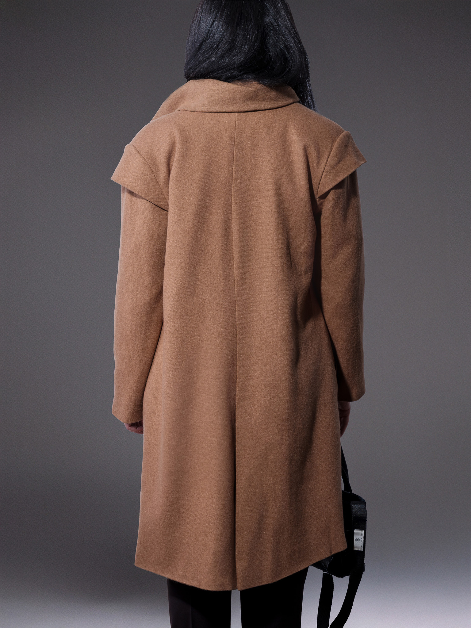 Camel Asymmetrical Wool Coat with Sculptural Collar - Image 2