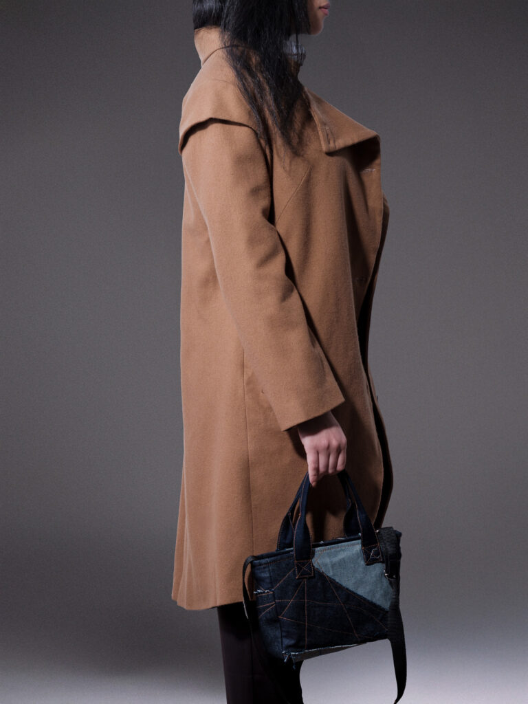 Camel Asymmetrical Wool Coat with Sculptural Collar