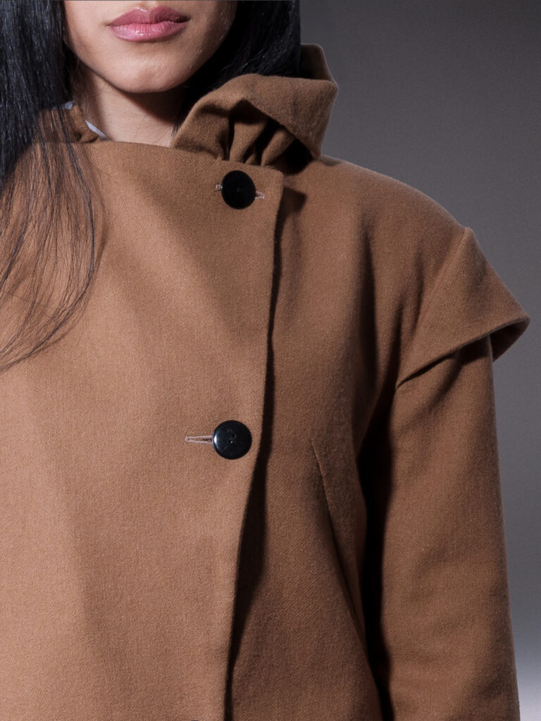 Camel Asymmetrical Wool Coat with Sculptural Collar