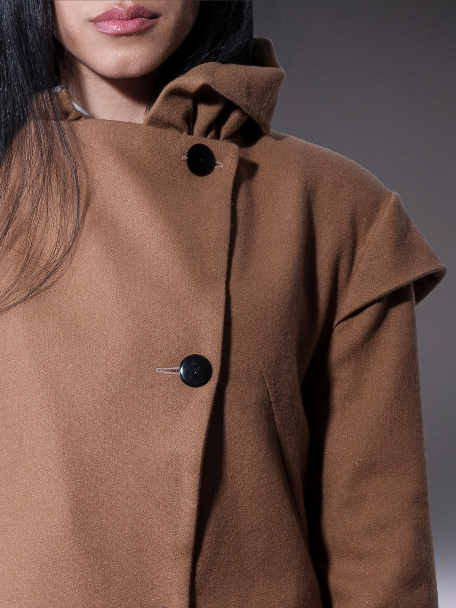 Camel Asymmetrical Wool Coat with Sculptural Collar - Image 4