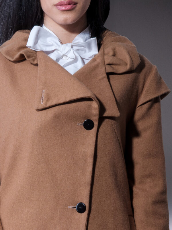 Camel Asymmetrical Wool Coat with Sculptural Collar - Image 5