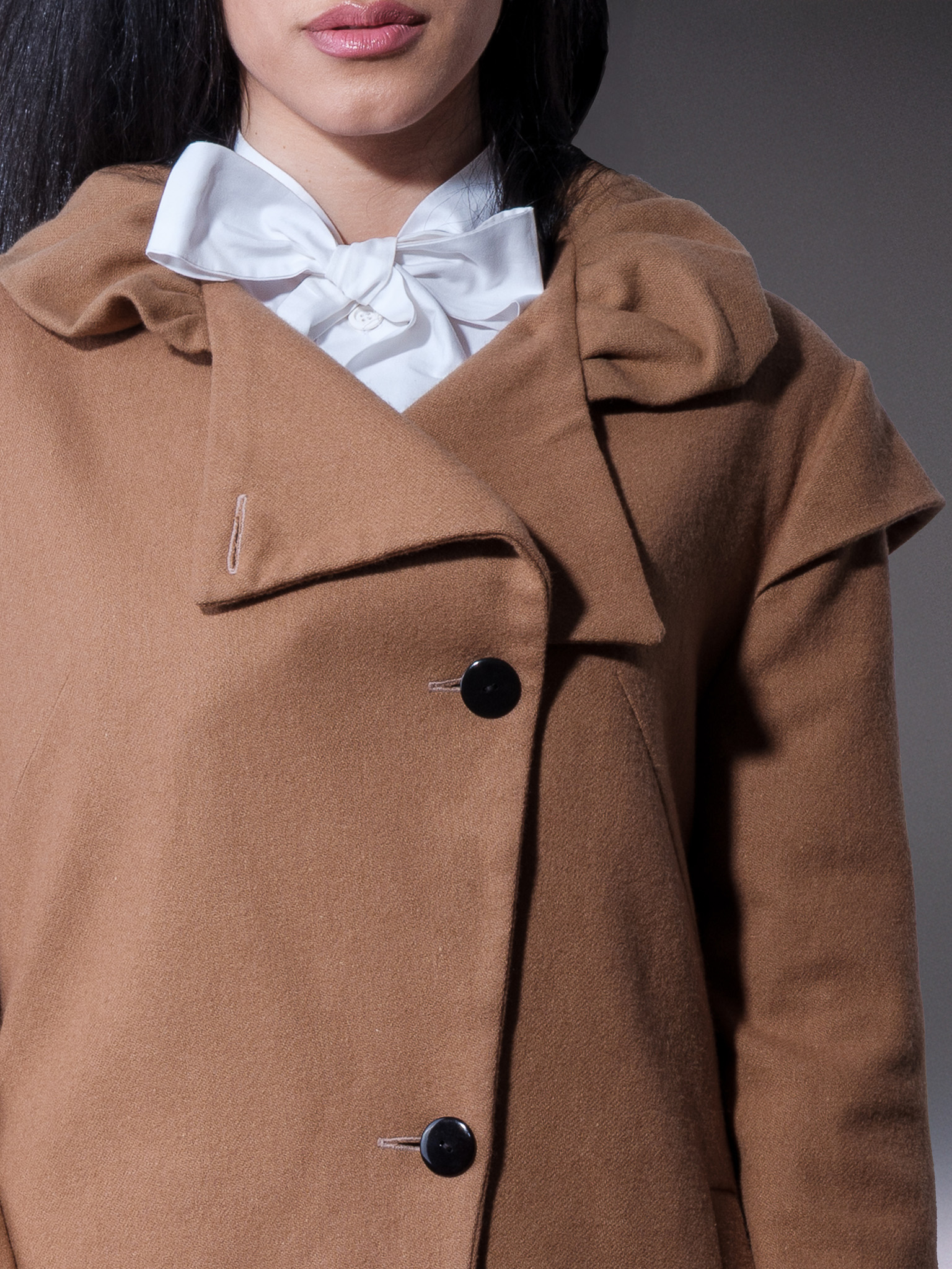 Camel Asymmetrical Wool Coat with Sculptural Collar - Image 5