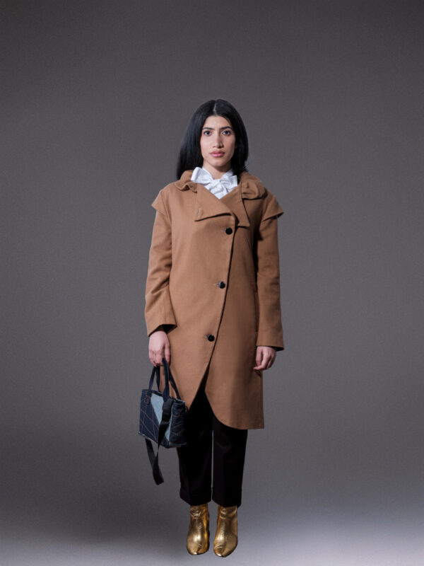 Camel Asymmetrical Wool Coat with Sculptural Collar by BIBI SAKALIEVA