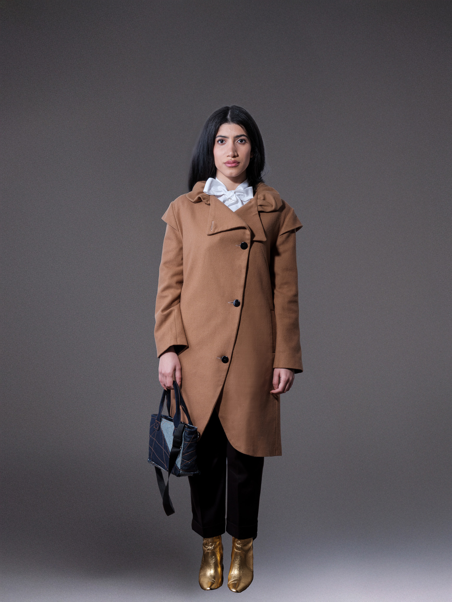 Camel Asymmetrical Wool Coat with Sculptural Collar by BIBI SAKALIEVA