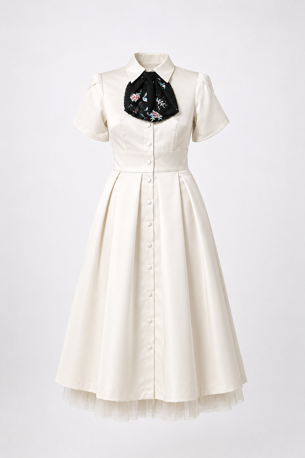 Off-White Satin Backless Midi Dress with Detachable Tulle Underskirt on Ghost Mannequin