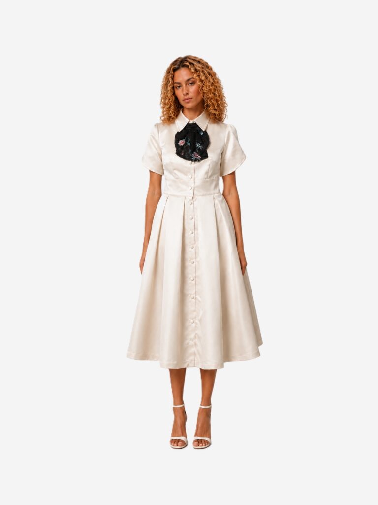 Off-White Satin Midi Dress with Open Back and Detachable Tulle Underskirt