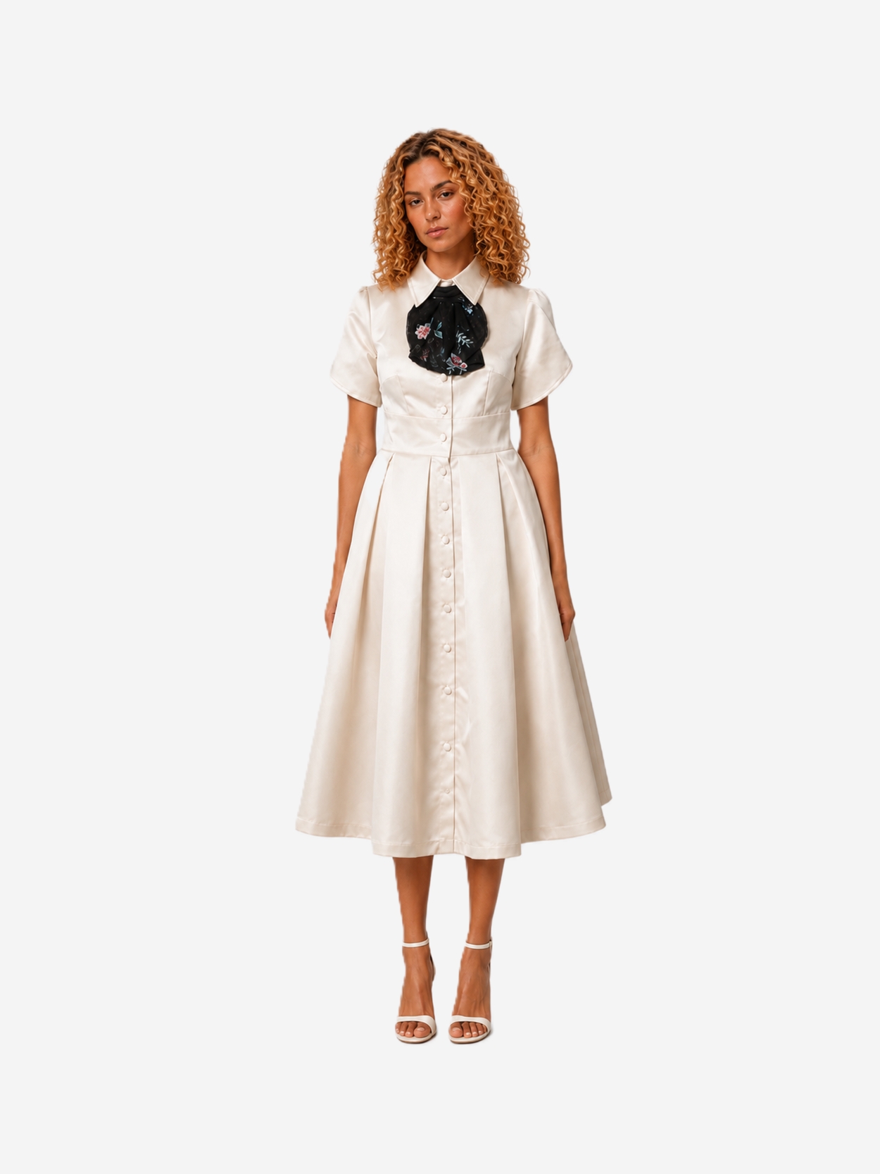 Off-White Satin Midi Dress with Open Back and Detachable Tulle Underskirt - Image 4