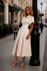 Off-White Satin Backless Midi Dress with Detachable Tulle Underskirt by BIBI SAKALIEVA