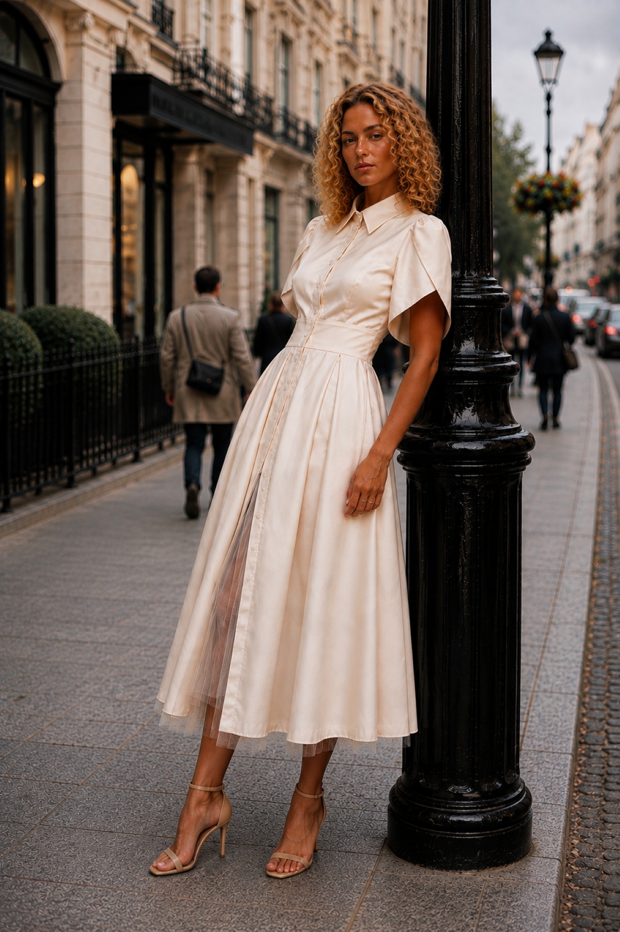 Off-White Satin Backless Midi Dress with Detachable Tulle Underskirt by BIBI SAKALIEVA