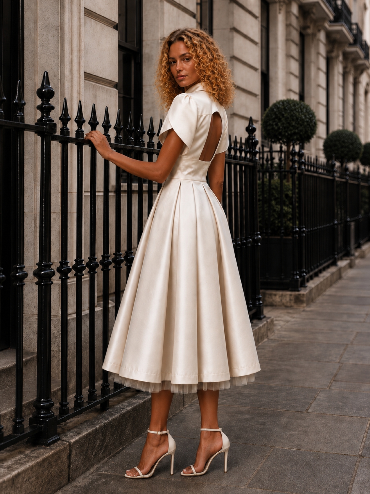 Off-White Satin Backless Midi Dress with Detachable Tulle Underskirt by BIBI SAKALIEVA