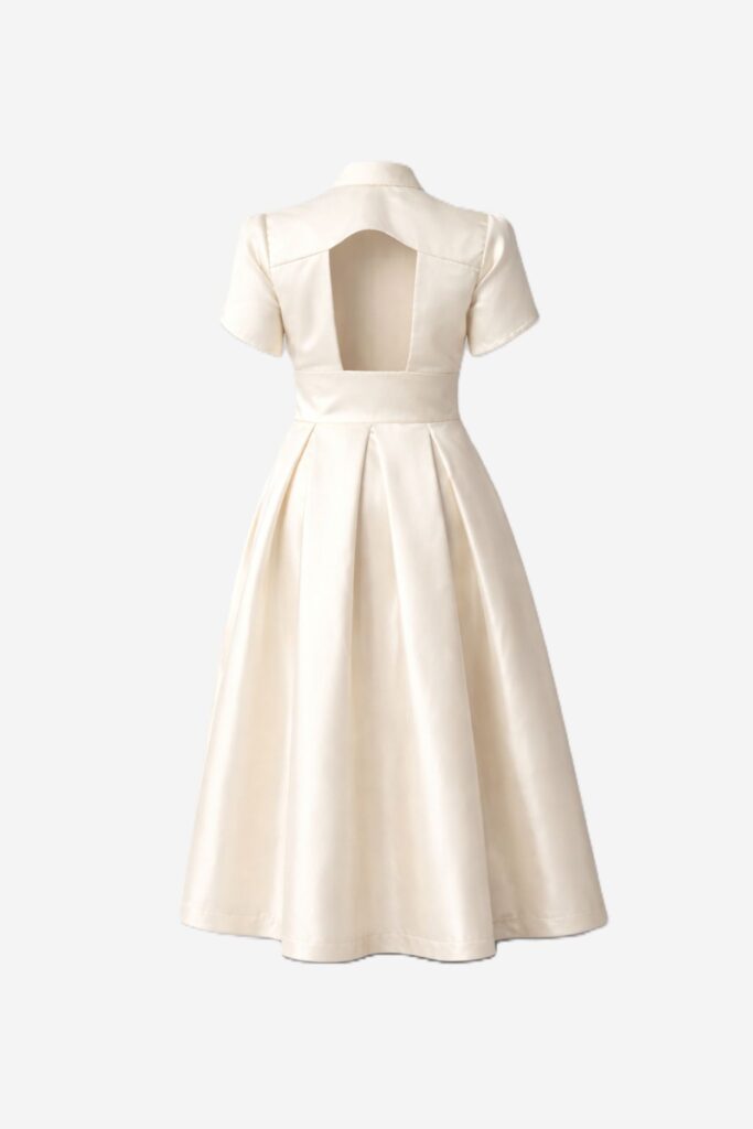 Off-White Satin Midi Dress with Open Back and Detachable Tulle Underskirt