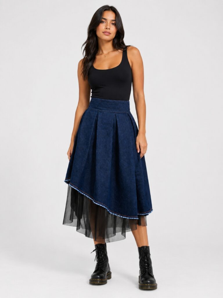Asymmetric Pleated Denim Midi Skirt with Tulle