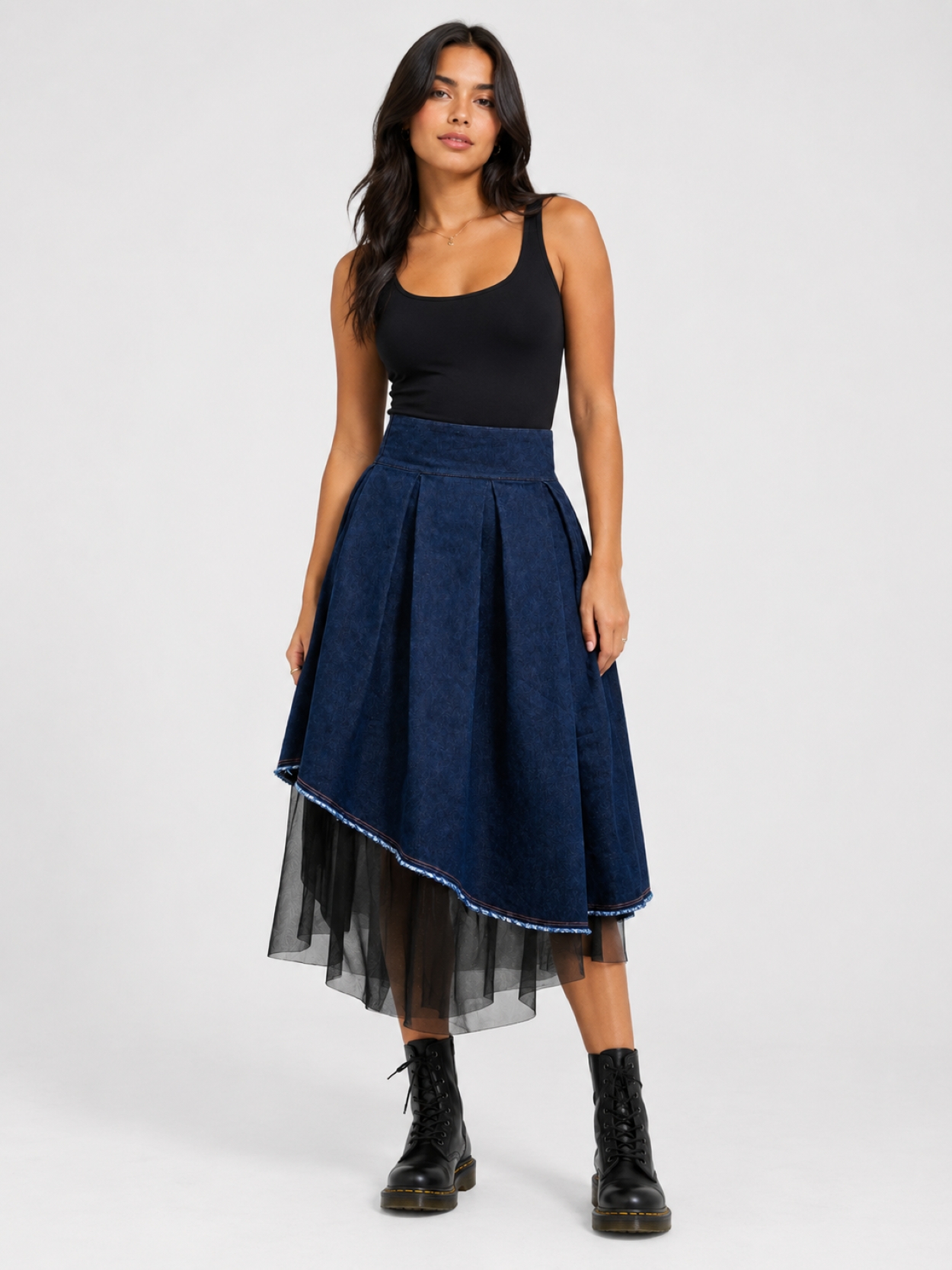 Asymmetric Pleated Denim Midi Skirt with Tulle - Image 2
