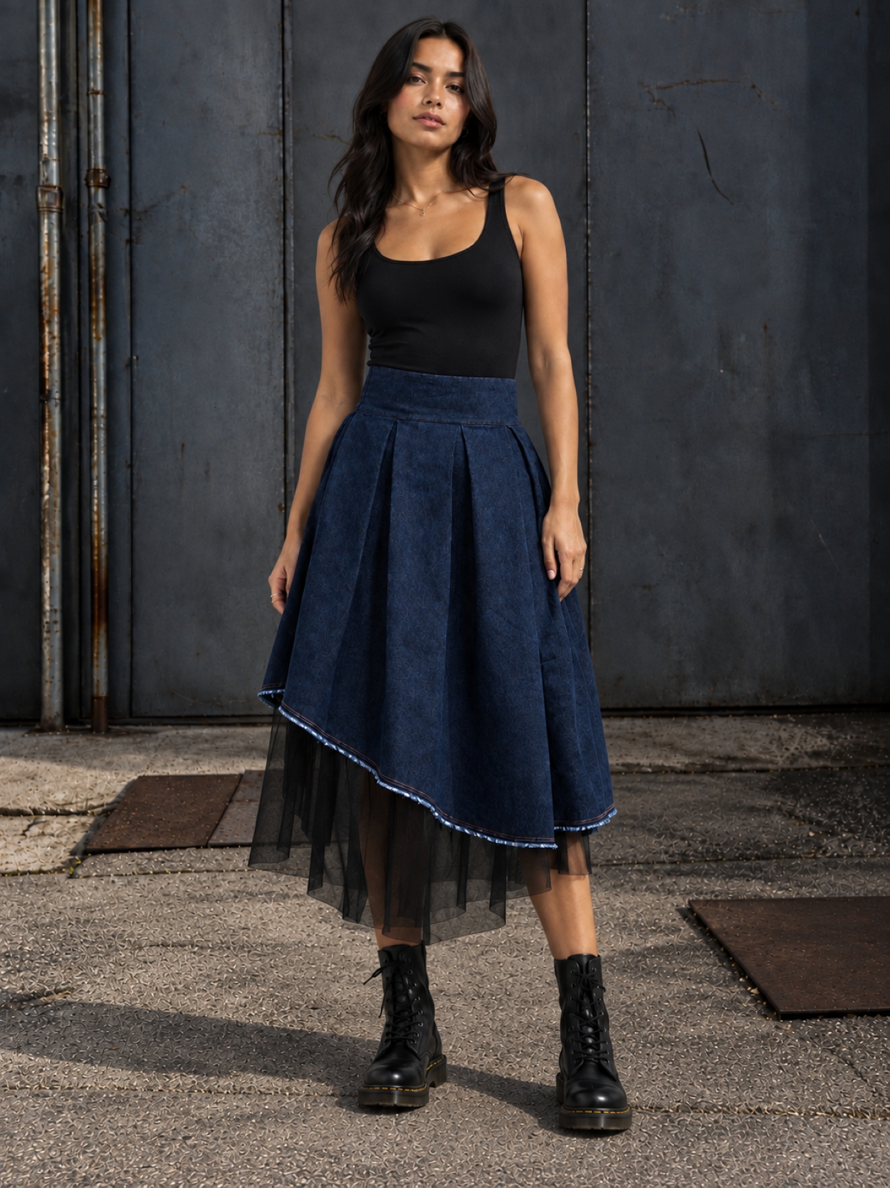 asymmetric pleated denim midi skirt