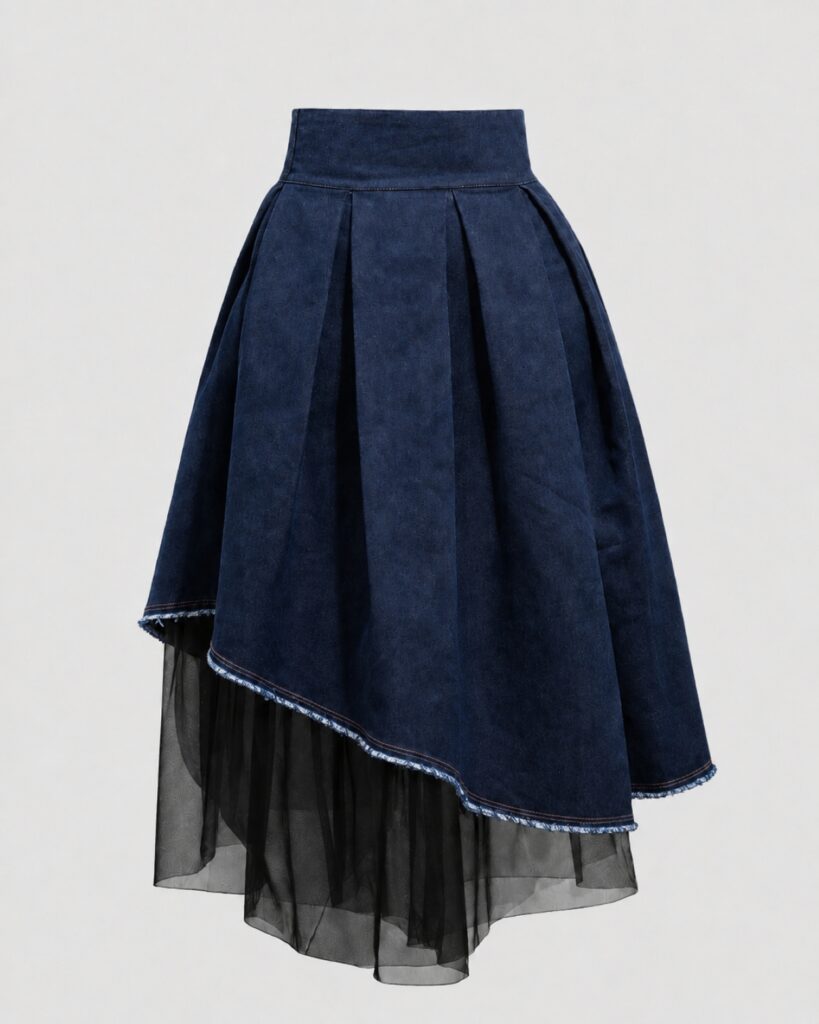 Model wearing BIBI SAKALIEVA asymmetric pleated indigo denim midi skirt with black tulle
